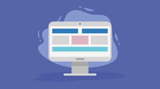 Modern computer screen displaying website layout with content blocks and shapes dynamic animation.