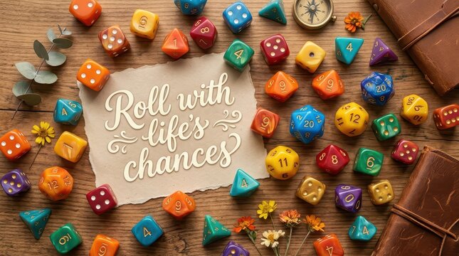 Overhead view of various polyhedral dice and a compass scattered on a wooden table with a parchment saying 'Roll with life's chances'