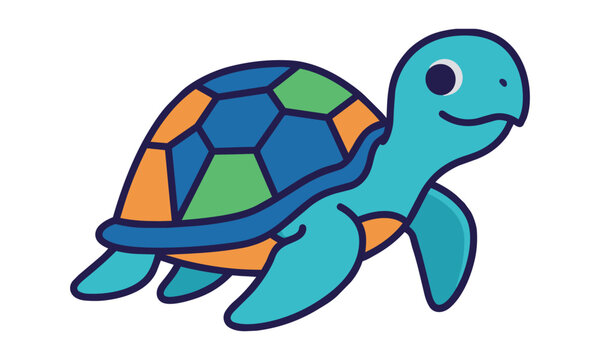 Cheerful sea turtle swimming with a patterned shell designed in minimalist flat geometric shapes on a pure white background, marine life nature concept