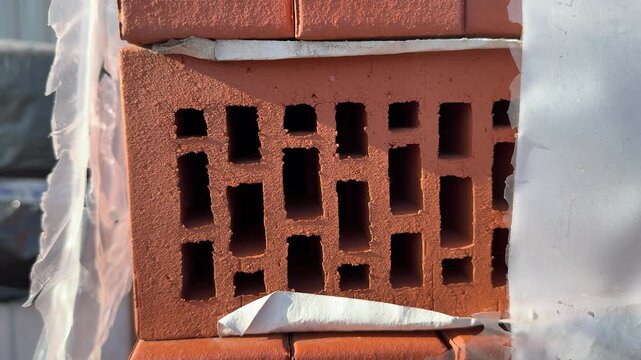 Close-up stacked red bricks hardware store, street side pallet of hollow clay blocks wrapped in plastic, sunlight highlighting rough