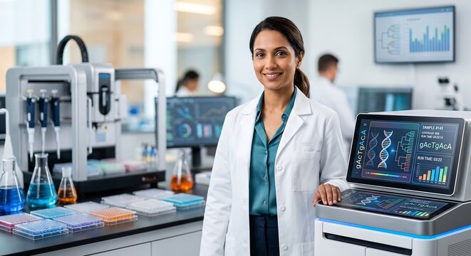 Woman scientist with DNA sequencing machine in modern genetics laboratory. Genomic research and biotechnology analysis. Innovation in molecular biology and medical science.