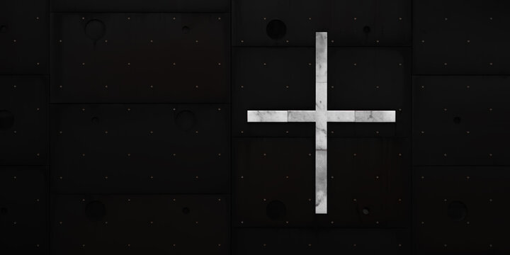Minimalist architectural background with white marble cross on a dark panel wall