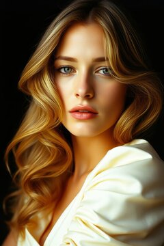 Close-up beauty portrait of a stunning blonde woman with wavy hair looking at camera
