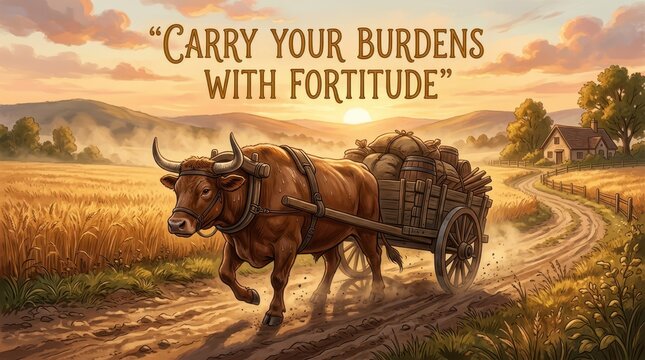 Ox pulling a loaded cart through a field at sunrise, symbolizing endurance and hard work. Motivational quote on screen.
