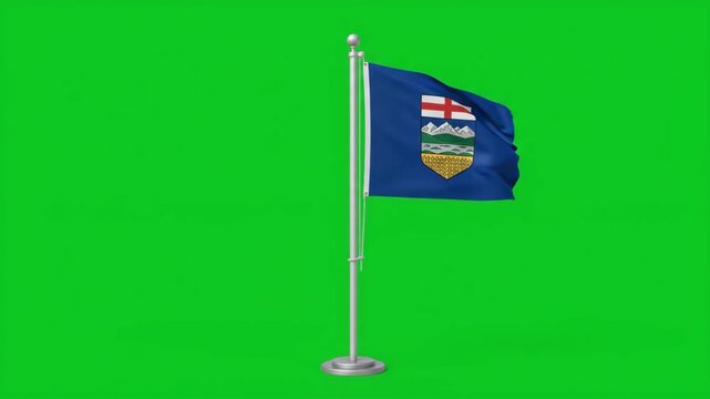 Alberta flag waving in the wind on a flagpole with a green screen background, showcasing national pride and identity.