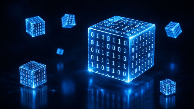 Glowing blue floating glass cubes with binary code representing digital data storage blockchain technology and computing.