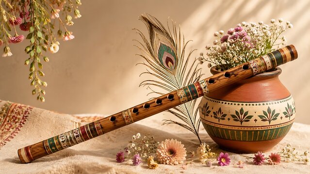Traditional indian flute with peacock feather and clay pot filled with flowers on a textured fabric background for cultural display