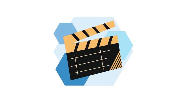 Animated clapperboard on a backdrop of blue hexagons, representing film production and creativity.