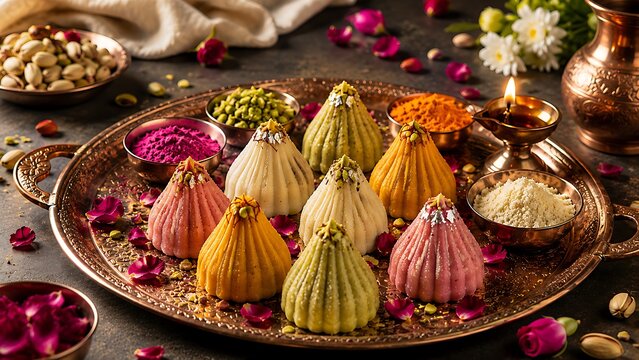 Collection of colorful modak sweets with turmeric powder and oil lamp arranged on ornate brass plate for ganesh chaturthi festival celebration