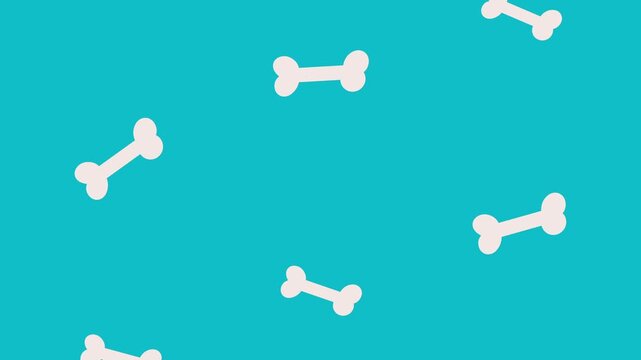 Animated dog bones falling gently against bright blue background.