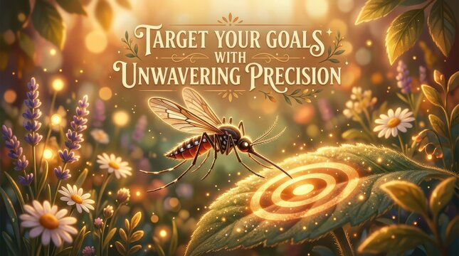 Mosquito Targeting Goals with Unwavering Precision on a Leaf with Glowing Target Symbol, Magical Garden Scene
