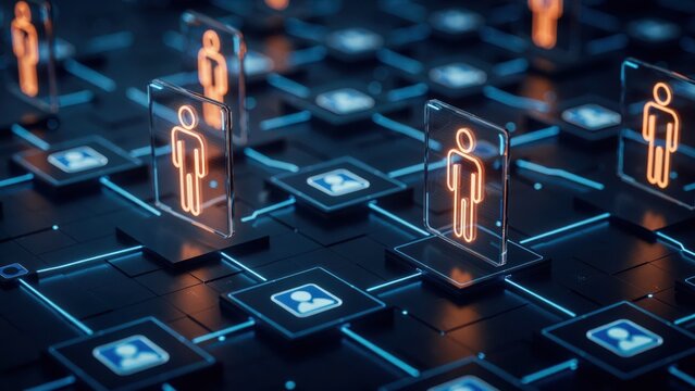 Glowing human avatar icons on a digital network board. Human resources concept for tech business.