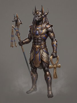 Museum-style sculpture of the standing Egyptian god Anubis, holding a was-scepter and ankh.