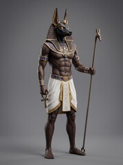 Fototapeta premium Museum-style sculpture of the standing Egyptian god Anubis, holding a was-scepter and ankh.