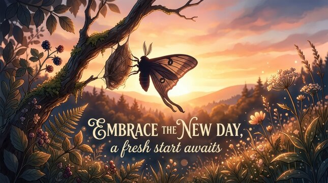 Moth emerges from cocoon on a tree branch against a golden sunrise sky, symbolizing new beginnings and transformation in nature