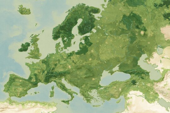 Topographic map of Europe rendered in varying green tones showing natural regions forests wetlands protected corridors marked with abstract symbols no borders no place names on pale background under