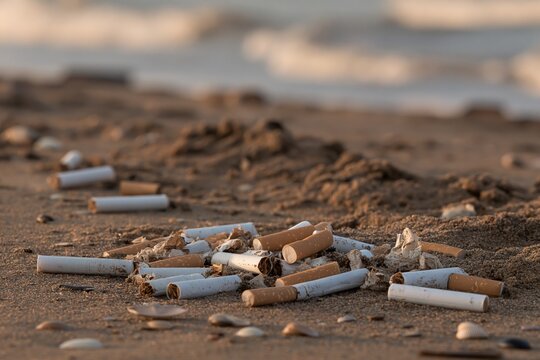 Discarded cigarette filters and paper remnants embedded in damp coastal sand near waterline with scattered shells and natural debris under soft morning light with distant waves blurred in background
