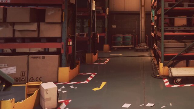 A warehouse shows shelves filled with boxes and some items scattered on the floor. Light comes from overhead fixtures, highlighting the busy area.