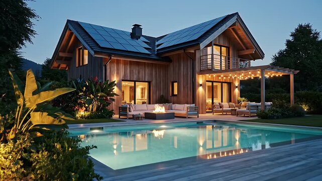 Luxurious Wooden Chalet-Style Villa with Sunset-Illuminated Pool and Cozy Outdoor Living Space