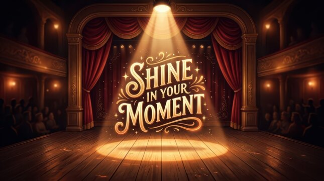 Stage spotlight shines on "Shine in Your Moment" text in a vintage theater with audience.