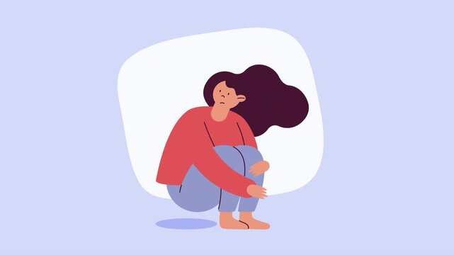 Sad girl sitting alone in a crouched pose looking worried and isolated.