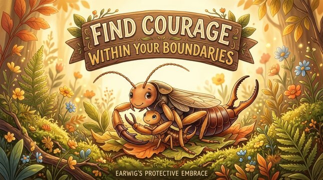 Mother and child earwigs embracing in a lush forest with a sign saying 'Find Courage Within Your Boundaries'