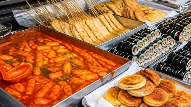 Korean Street Food Stall Display with Spicy Tteokbokki Kimbap Rolls and Fried Snacks