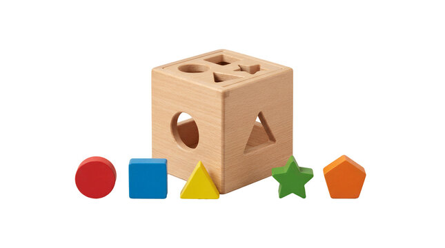 Colorful wooden geometric shapes are placed next to a matching wooden shape sorting cube for preschool learning.