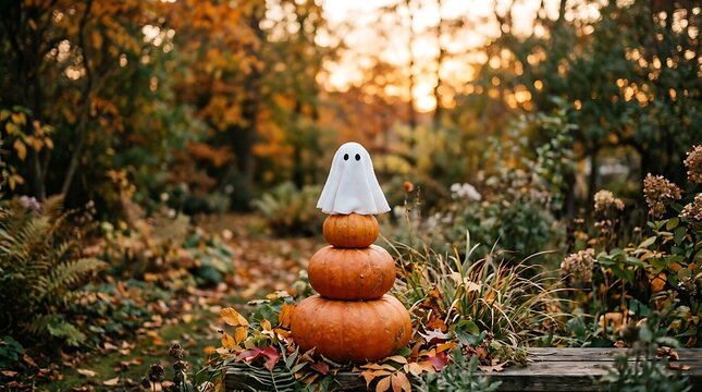 A cute ghost decoration sitting on a stack of orange pumpkins in an autumn forest setting