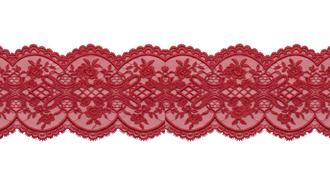 Decorative red embroidered lace trim featuring delicate floral patterns and scalloped edges for sewing projects.
