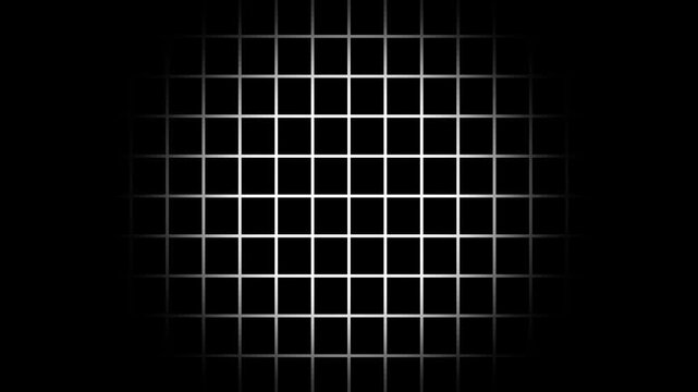 Black background with animated thin white wireframe grid line fit for alpha channel or overlay layer. Mesh shiny tile-like creative animated video . Grid graph pattern moving vertically downward