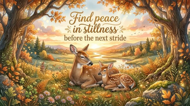 Mother Deer and Fawn Resting in a Peaceful Autumn Forest Landscape at Sunset