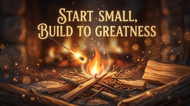 Starting a fire with a spark and small twigs leads to a large bonfire, symbolizing growth and ambition.