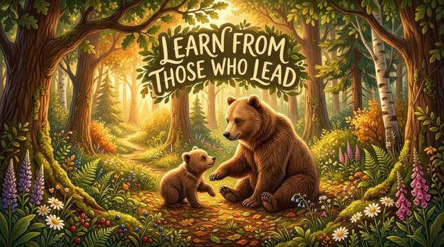 Mother Bear Teaching Cub in Enchanted Forest, Inspiration "Learn From Those Who Lead"