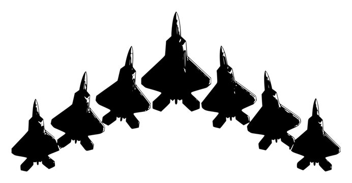 Fighter jets set with dynamic aerial formation featuring military aircraft, squadron, aviation, maneuver with contrails and blue sky
