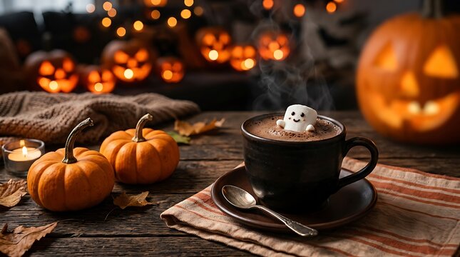 A cozy cup of hot chocolate with a marshmallow ghost surrounded by festive halloween pumpkins