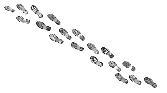 Sequence of dark shoe footprints forms a diagonal line across a light gray background, representing movement and progress.