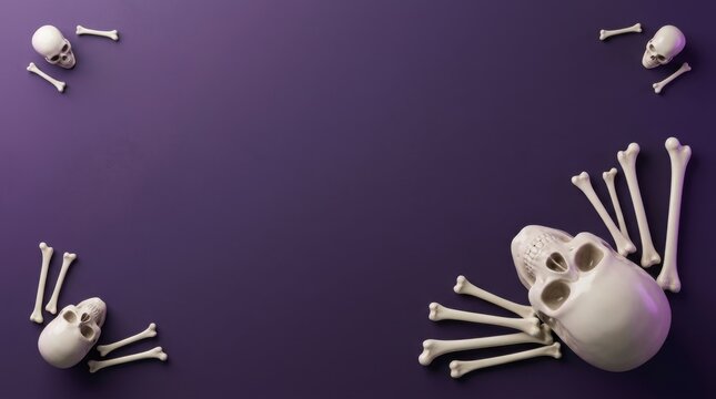 Human skulls and bones arranged on a purple background hallowen theme