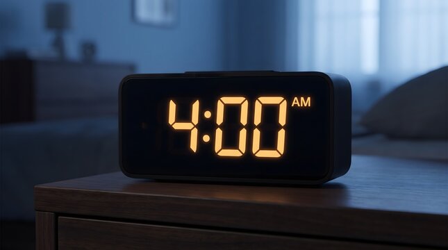 Digital alarm clock showing time 4:00 am on a wooden bedside table in a dark bedroom with bedroom interior night stand morning routine time management wake up early morning