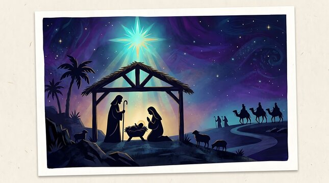 Beautiful nativity scene illustration featuring the holy family in a stable under the bright star