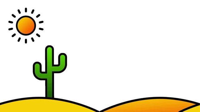A minimalist desert landscape icon showing golden sand dunes a tall green cactus and a glowing sun in a clear blue sky above horizon