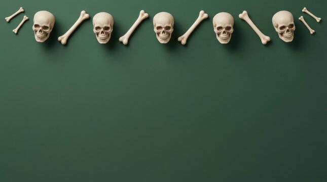 Top border of skulls and bones on a green background hallowen theme