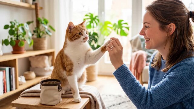 Orange and white cat giving a high five to its owner. Woman smiling and interacting with her pet in a bright living room