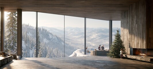 Fototapeta premium Wide Cinematic Christmas Morning Inside a Modern Mountain Home with Family, Fireplace and Spectacular Snow-Covered Mountain Valley View