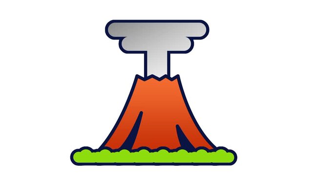 An erupting volcano illustration with orange lava flowing down and thick gray smoke rising into the sky above green land