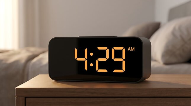 Digital alarm clock displaying four twenty-nine am on a wooden bedside table in a bright bedroom with early morning electronic clock wake up interior design night shift