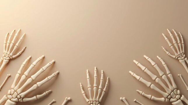 Top view of human skeleton hands arranged on a light beige background hallowen theme
