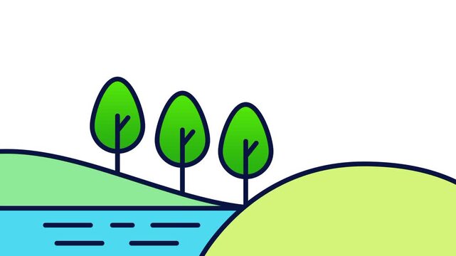 A green hillside landscape with three trees a flowing river and rolling grassy hills stretching into the distance