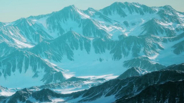 A group of mountains covered in snow. The bright sky reflects on the icy surfaces. The image captures a winter day with clear visibility and distinct mountain shapes.