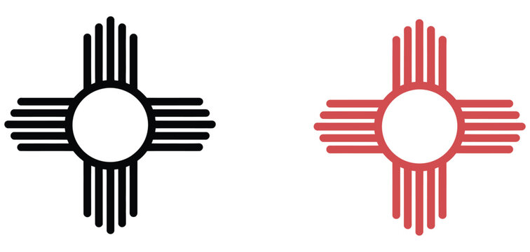 Zia sun symbol in black and red line art representing the traditional New Mexico emblem, cultural heritage, identity, and southwestern design